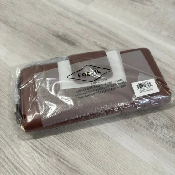 Fossil Madison Zip Clutch Leather Wallet w/ Wristlet Strap - Medium Brown - NWT - Picture 4 of 5